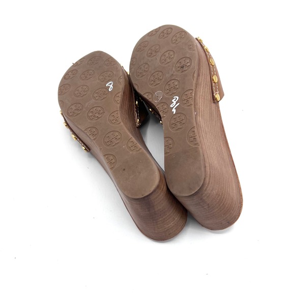 Tory Burch Patti Wedge Slide Sandals Brown Leather Embossed Logo Studded Women 8 - Picture 16 of 16